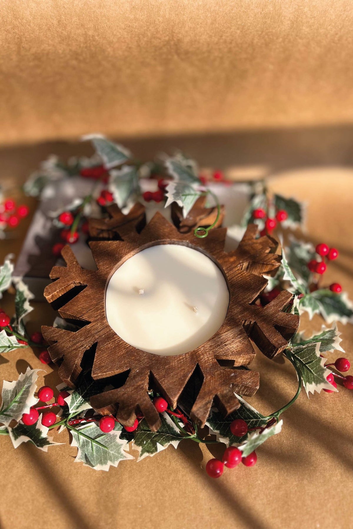 Wooden Christmas Snow Flake Candle