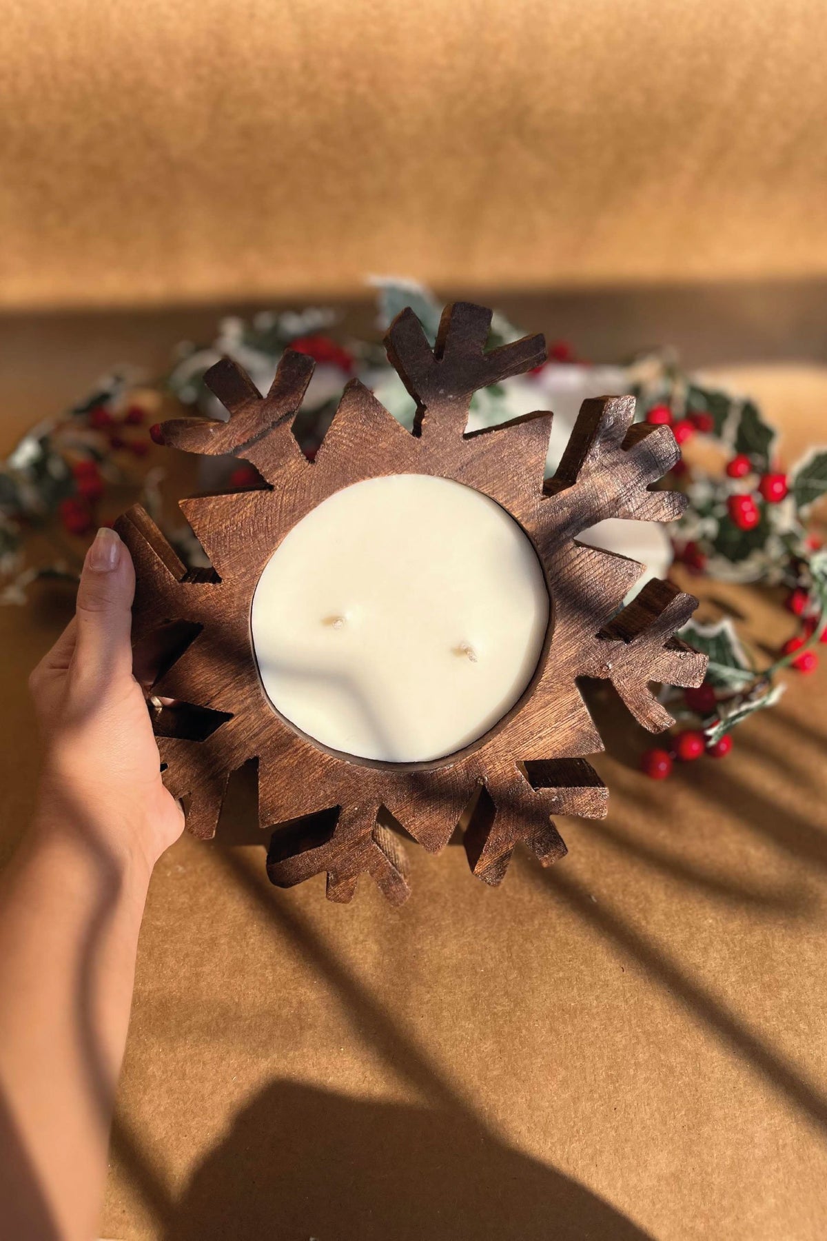 Wooden Christmas Snow Flake Candle