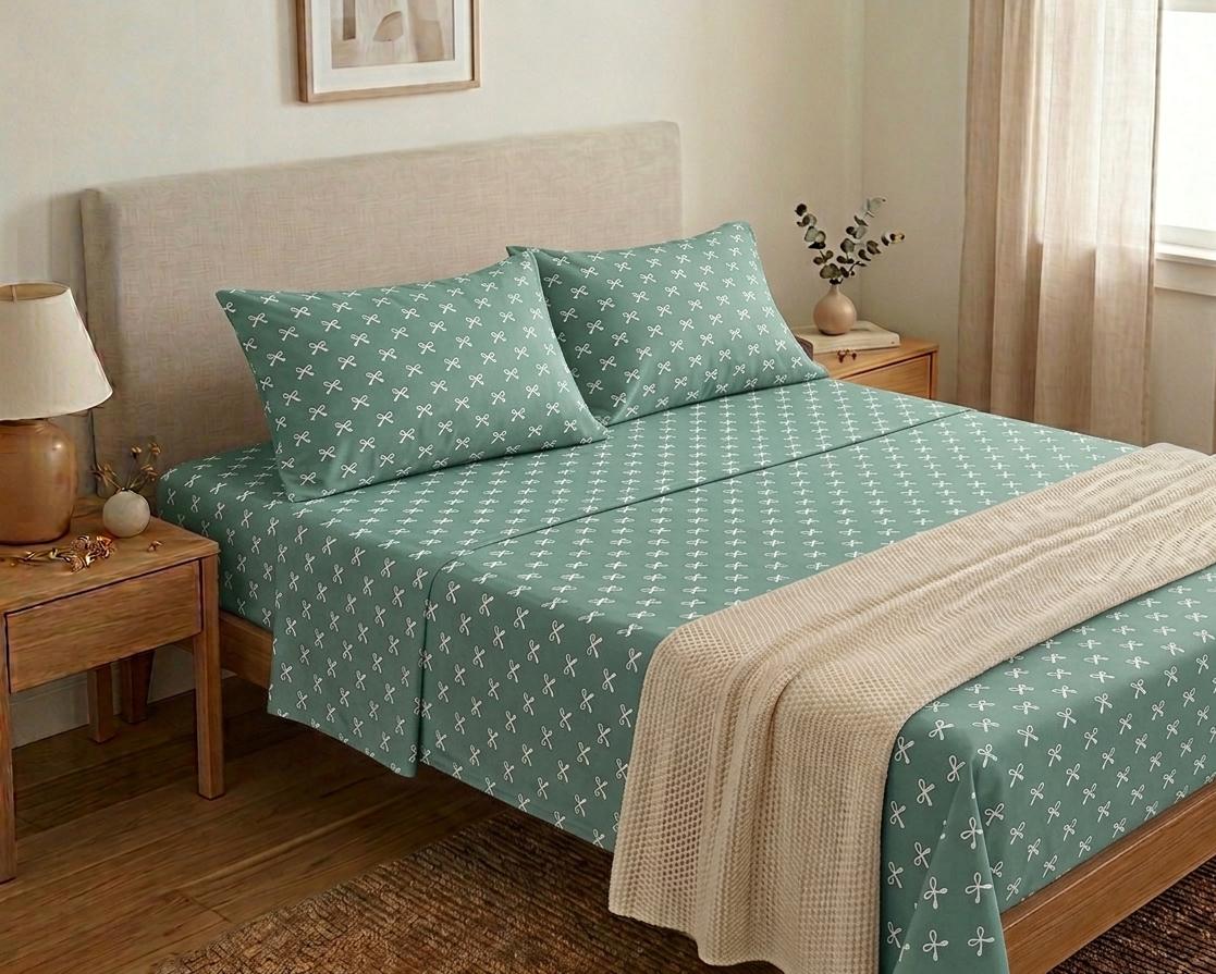 Minimalist Green Bow Print Bedding Set