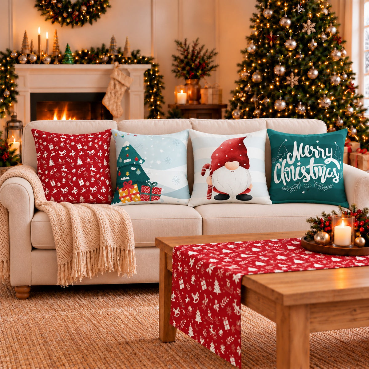 Christmas Set (4Cushions Cover + 1 Runner)