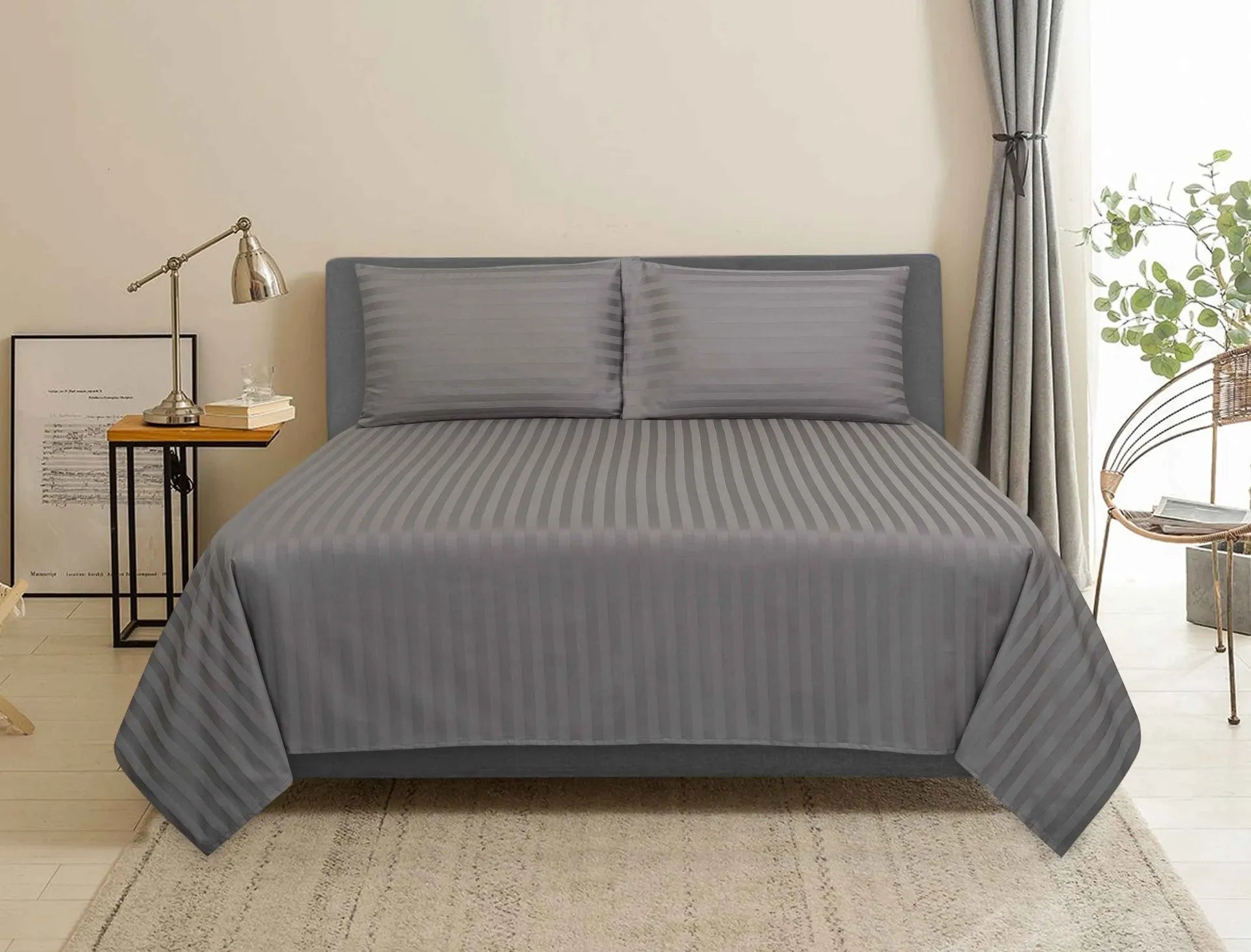Stripe Bed Sheet Set - 3 Pieces - Dark Grey